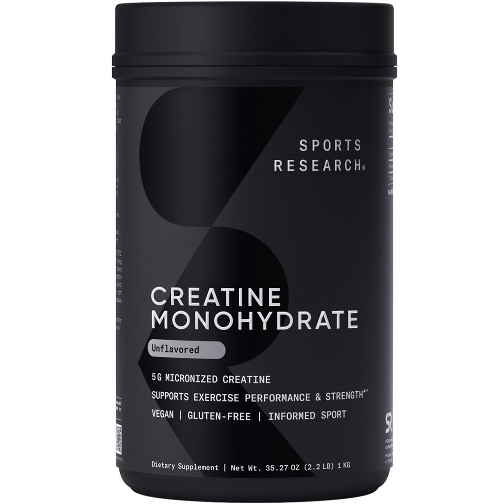 Sports Research Creatine Monohydrate - Gain Lean Muscle, Improve Performance and Strength and Support Workout Recovery - 5 g Micronized Creatine - 35.27 oz