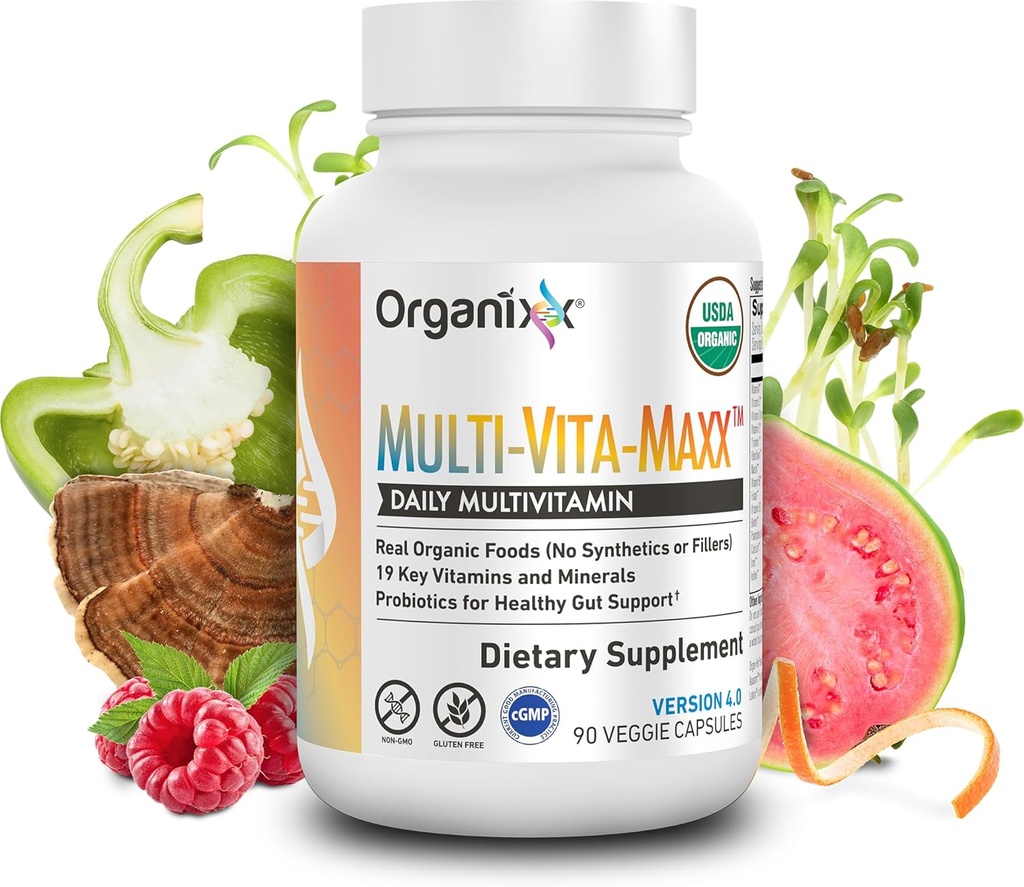 Organixx Vegan Multivitamin for Women & Men, with Vitamin C, D3, Vitamin B Complex, Probiotics, Organic Fruits and Vegetables, Supports Digestive, Gut Health, Immune Support, 90 Gel Capsules