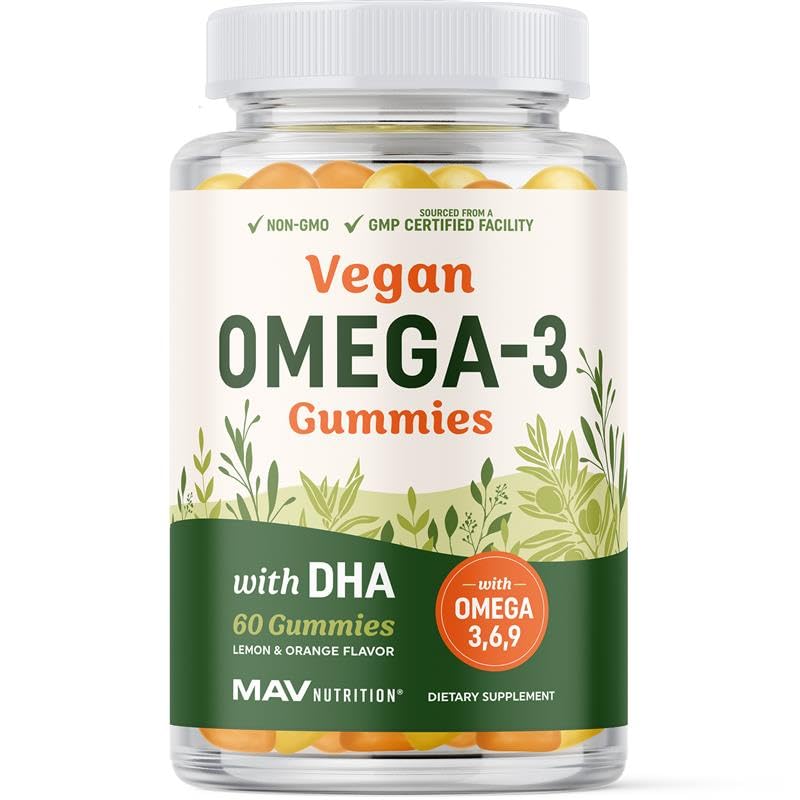Omega 3 6 9 + DHA Gummies | Plant-Based Triple Omegas from Algae, Flaxseed & Safflower Oil | 50mg of DHA | Vegetarian, Non-GMO, Gluten-Free, Essential Fatty Acid Supplements for Adults | 60 Gummies