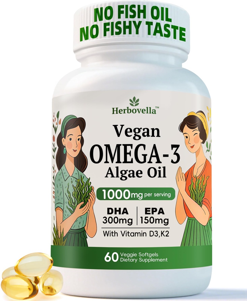 Vegan Omega 3 Softgels from Algae Oil – Fish Oil Alternative, DHA 300mg EPA 150mg with Vitamin D3 K2, No Fishy Taste, Plant-Based Omega-3 Supplement