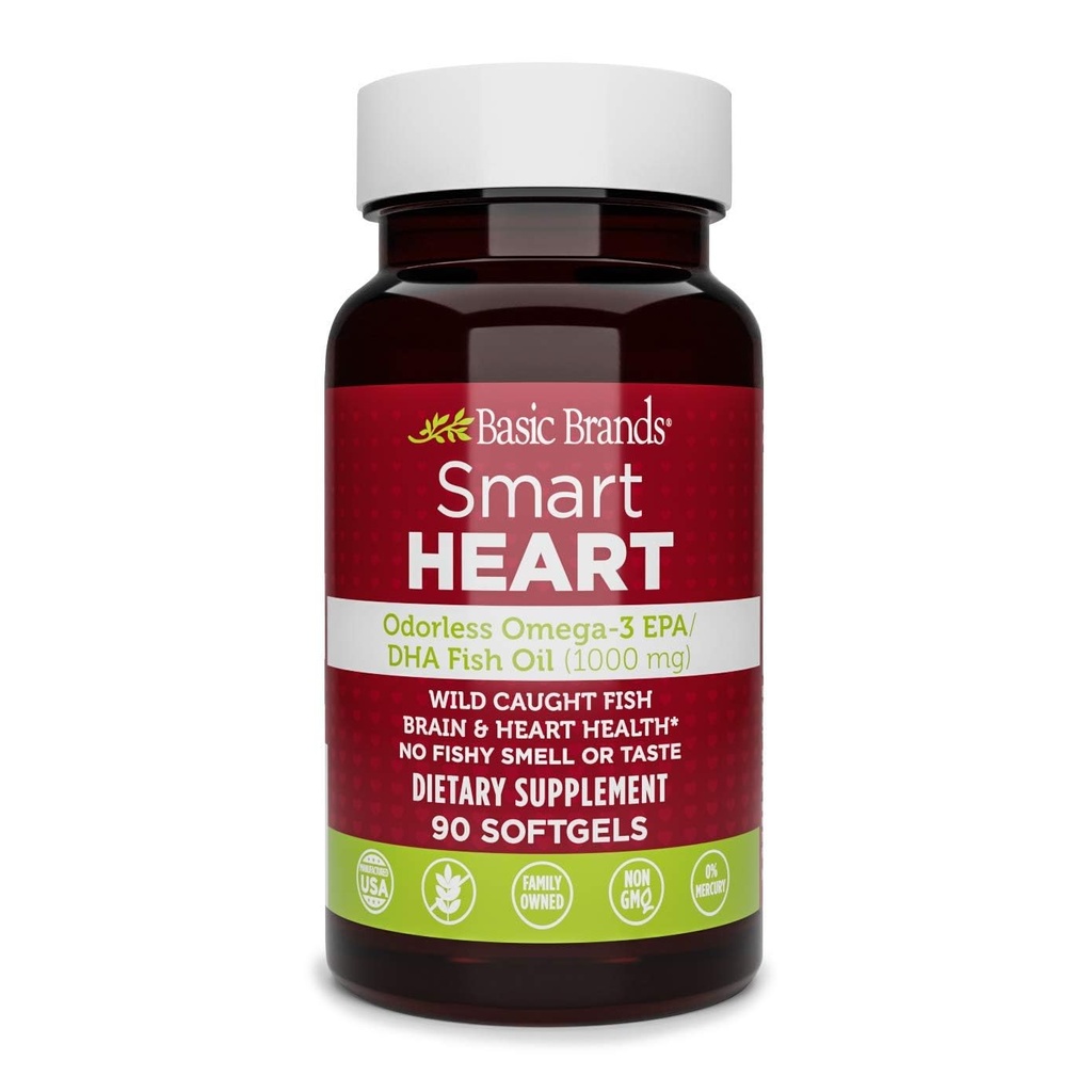 Basic Brands Smart Heart Odorless Omega-3 Fish Oil, Burp-Less, No Fishy Smell, 1000 mg, 90 Count