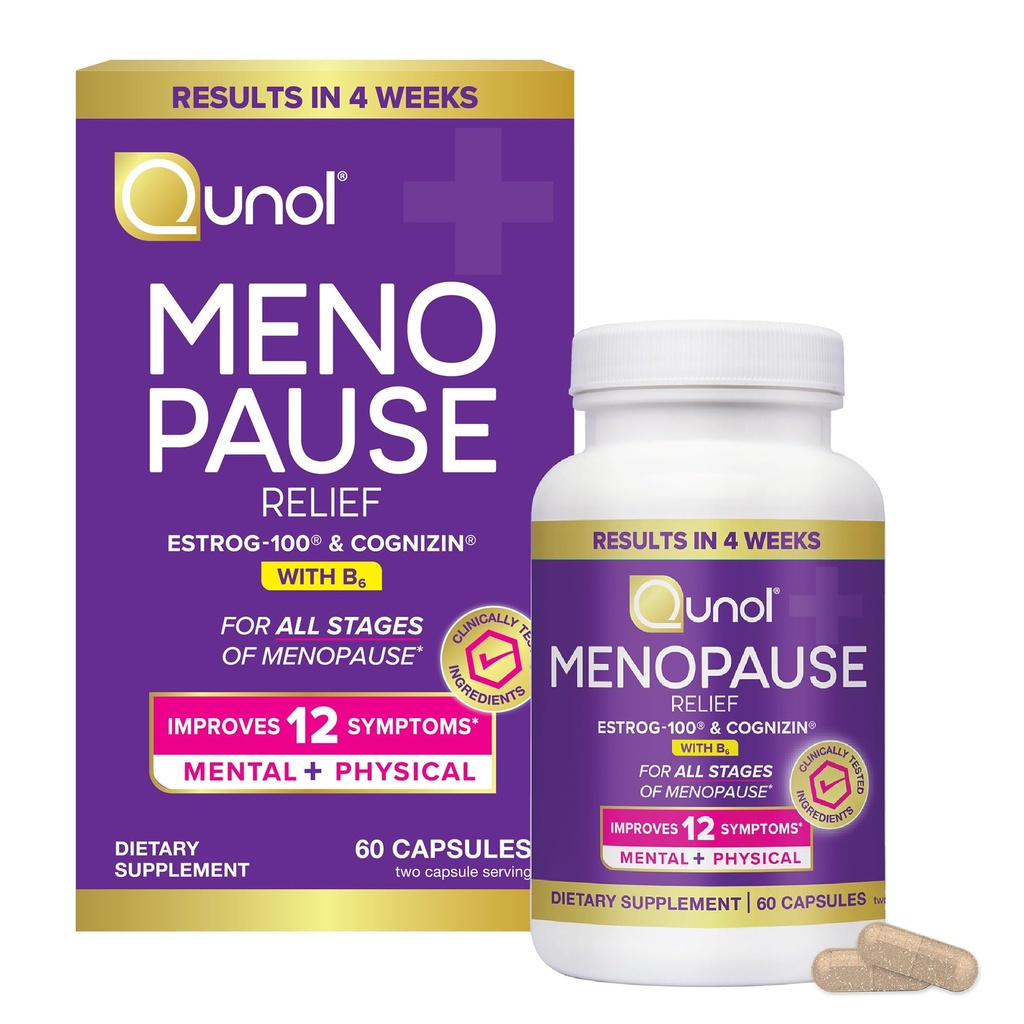 Qunol Menopause Relief Capsules, Peri to Post, Results in 4 Weeks, Hormone Free Support for Fatigue, Brain Fog, Hot Flashes, Night Sweats, Mood Swings & Sleep Disturbances, Plus Vitamin B6, 60 Count
