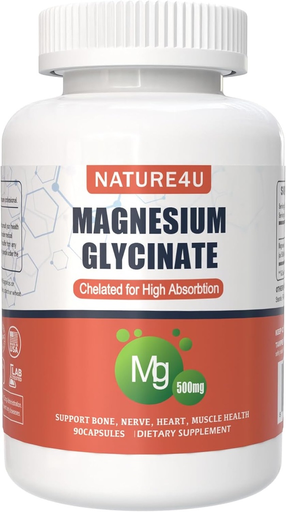 Magnesium Glycinate 500mg, 100% Chelate for High Absorption Magnesium Supplement for Sleep, Muscle, Heart, Never and Bone Support, 90 Capsules