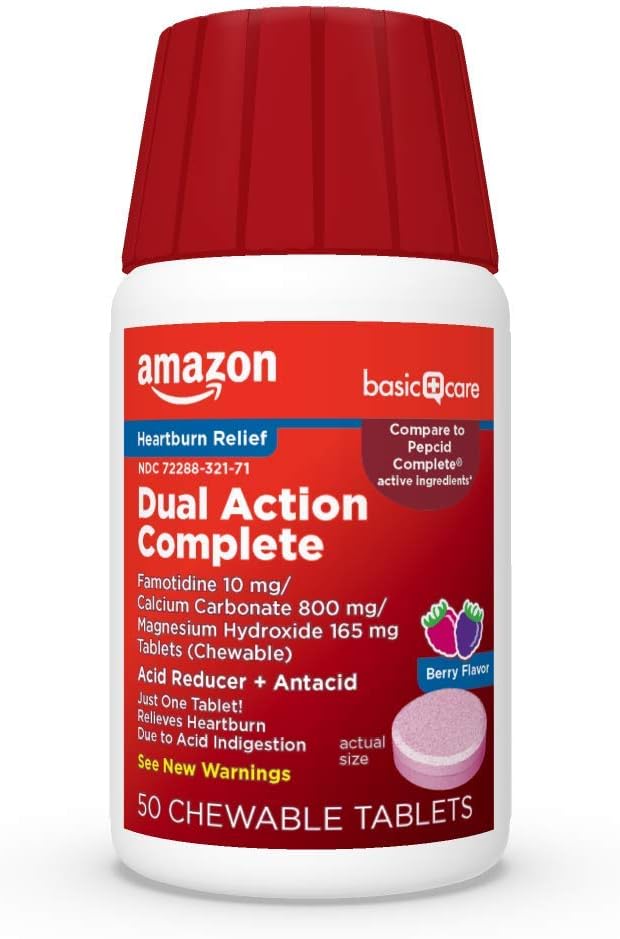   Basic Care Dual Action Complete, Chewable Acid Reducer Plus Antacid Tablets, Berry Flavor, Heartburn Medicine, Acid Indigestion Relief, 50 Count