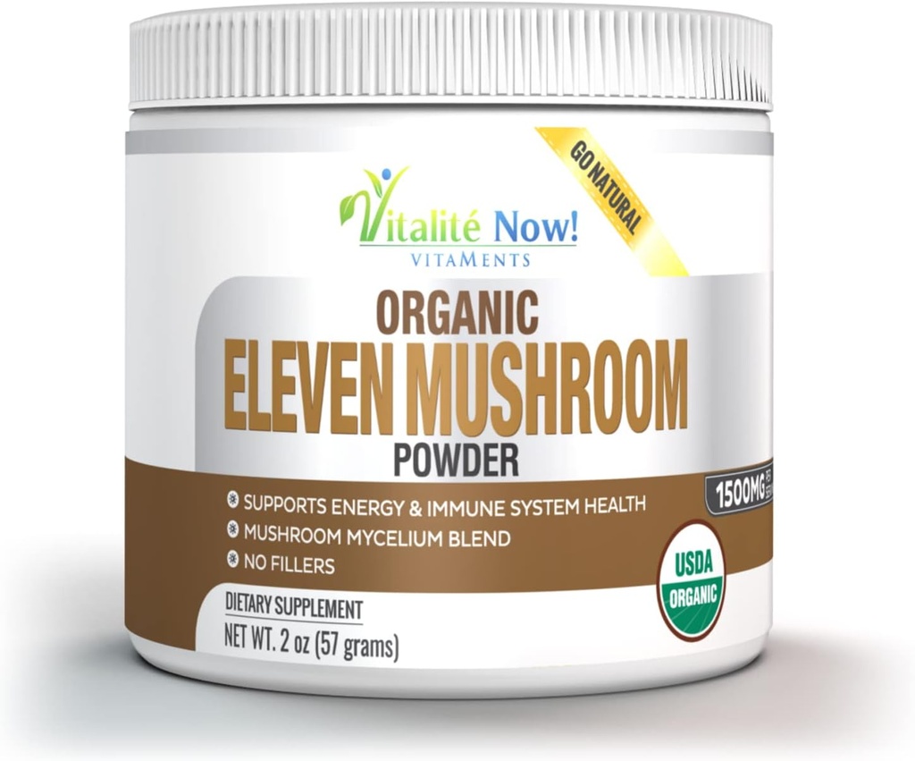 Organic 11 Mushroom Powder - USDA Certified - Lion's Mane, Reishi, Cordyceps, Maitake, Shiitake, Turkey Tail, Chaga, Zhuling, Wood Ear, Poria Cocos, Hime-Matsutake - Immunity & Energy, No filler