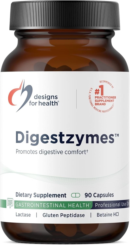 Designs for Health Digestzymes - Digestive Enzymes + Betaine Hydrochloride for Gas & Bloating Relief - Pepsin, Ox Bile, Lactase Enzyme & Lipase Enzymes for Digestion (90 Capsules)