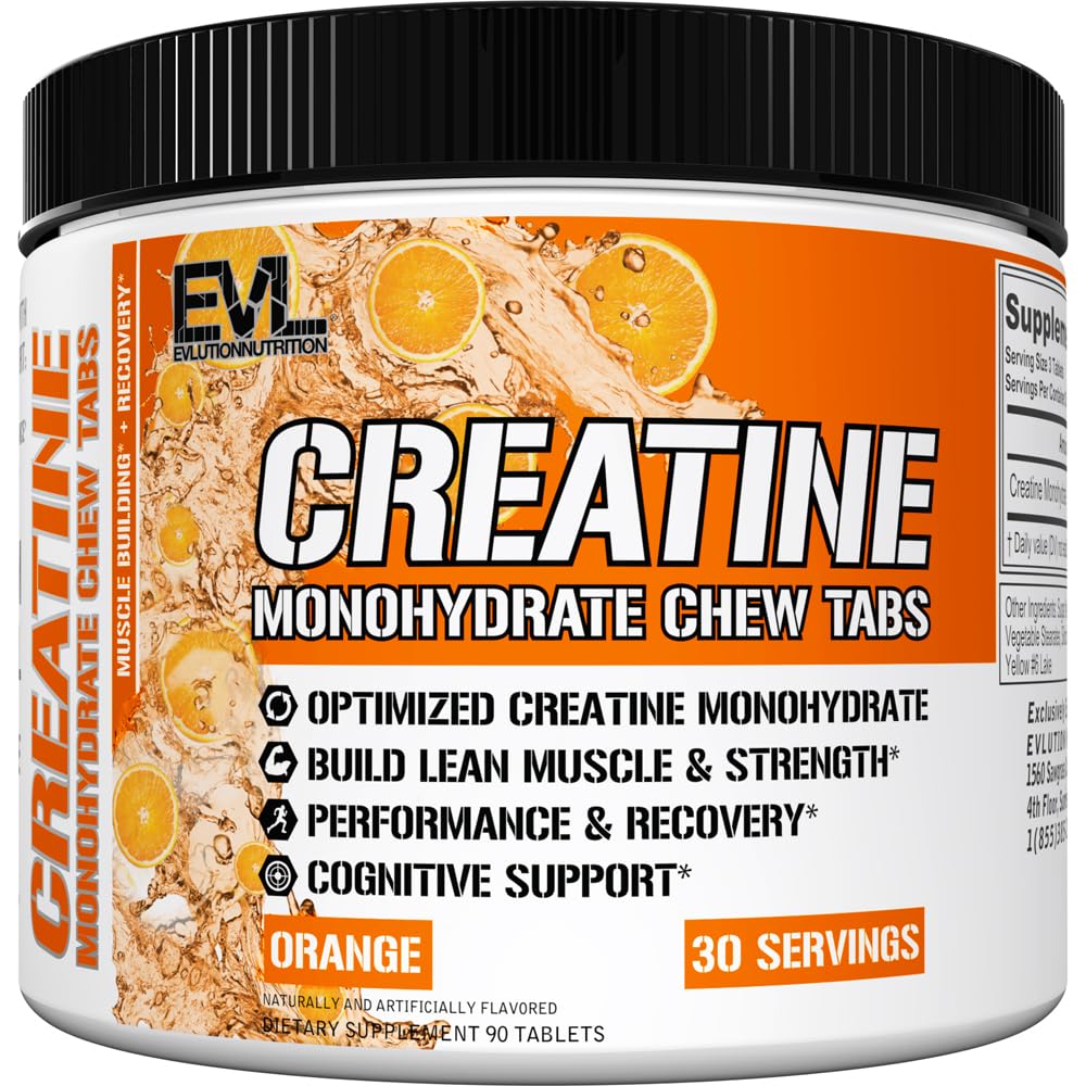 Evlution Nutrition Creatine Monohydrate Chew Tabs - Muscle Growth, Strength, Performance, Recovery & Cognitive Support - 3000mg Creatine Monohydrate Per Serving - 30 Servings - 90 Tablets - Orange