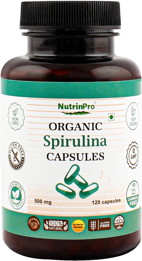 USDA Organic Spirulina Capsules - 100% Pure Vegan Supplement, Non-GMO, Gluten-Free, Chemical-Free, (120)