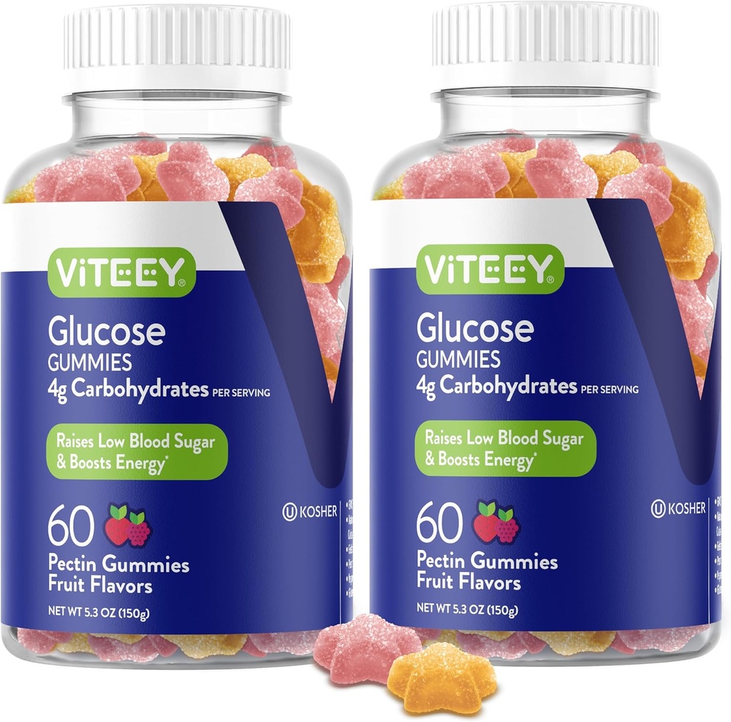 Viteey Glucose Gummies - 4g of Carbohydrates - Fast Acting Alternative to Glucose Tablets - Energy and Blood Sugar Support - Vegan, Gluten Free, Gelatin Free - 120 Count