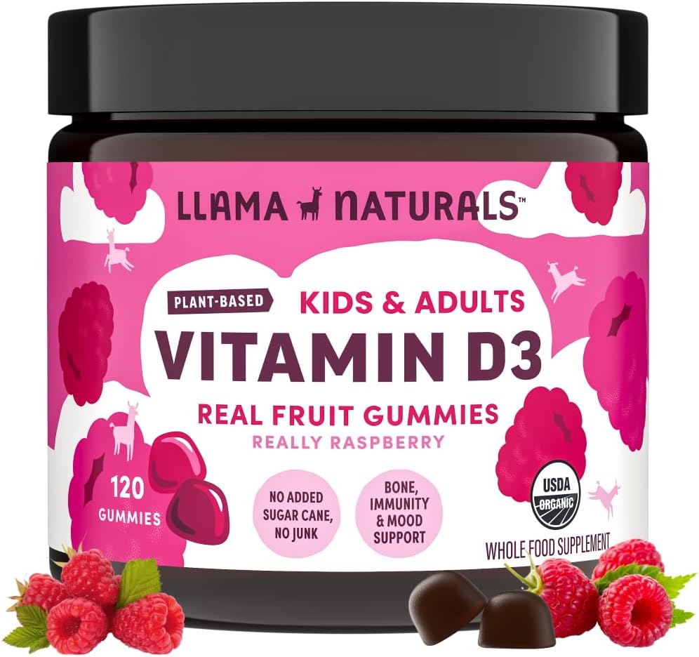 Llama Naturals Vitamin D3, Vegan, Organic Immune Support Supplement, Vitamin D Gummies for Adults and Kids, Real Fruit Gummy Vitamins, Promotes Bone Health, No Added Sugar Cane, Raspberry, 120 Ct