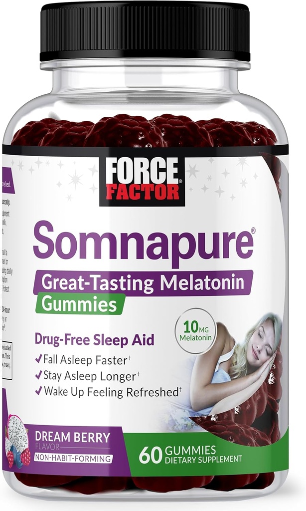 FORCE FACTOR Somnapure Gummies with Melatonin 10 mg for Adults, Non-Habit-Forming, Natural Sleep Aid for Deep Sleep, Stay Asleep Longer, Wake Up Refreshed, Dream Berry Flavor, 60 Count (Pack of 1)