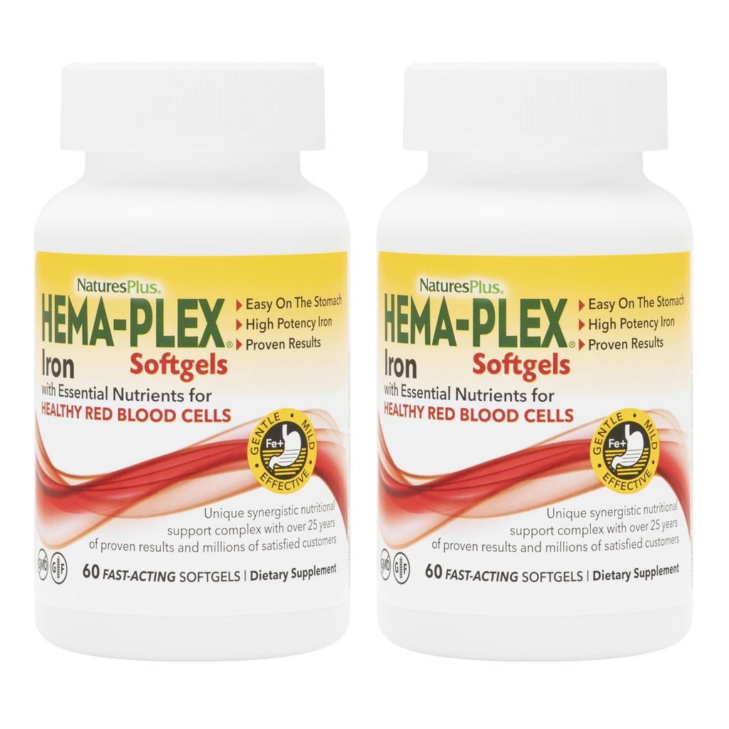 NaturesPlus Hema-Plex Iron - 60 Fast-Acting Softgels - 2 Pack - 85 mg Iron + Vitamin C & Bioflavonoids for Healthy Red Blood Cells - Vegan, Gluten Free - 40 Total Servings