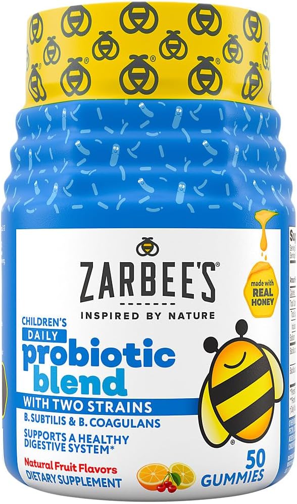 Zarbee's Kid's Daily Probiotic Blend Gummies with 2 Strains for Digestive Support; Easy To Chew; Gluten-Free & Drug-Free; Ages 2+; Natural Fruit Flavors; 50 Count