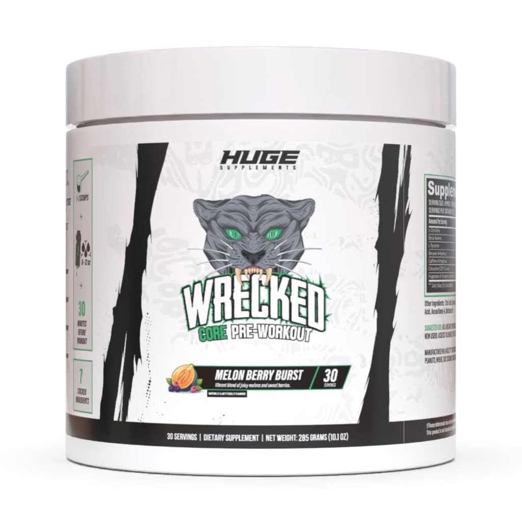 Wrecked Core - All-in-One Pre-Workout Supplement for Men & Women, Increase Energy, Focus & Pumps with L-Citrulline, Beta-Alanine, L-Tyrosine & More (30 Servings) (Melon Berry Burst)