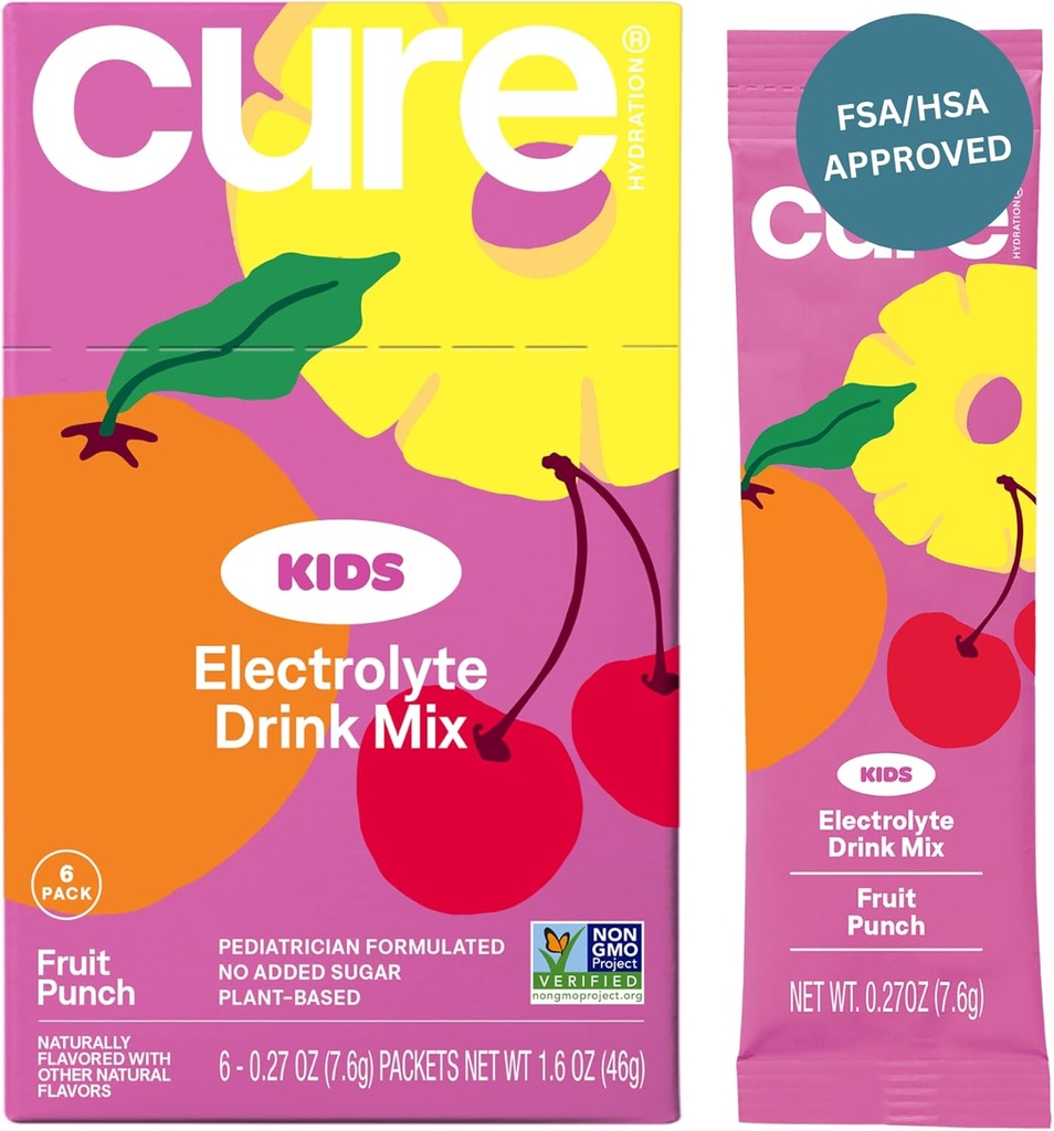 Cure Hydration - Kids Electrolyte Drink Mix | Plant-Based Pediatrician Formulated Rehydration | No Added Sugar, FSA-HSA, Non-GMO, Gluten-Free, No Artificial Flavors | Box of 6 Packets - Fruit Punch