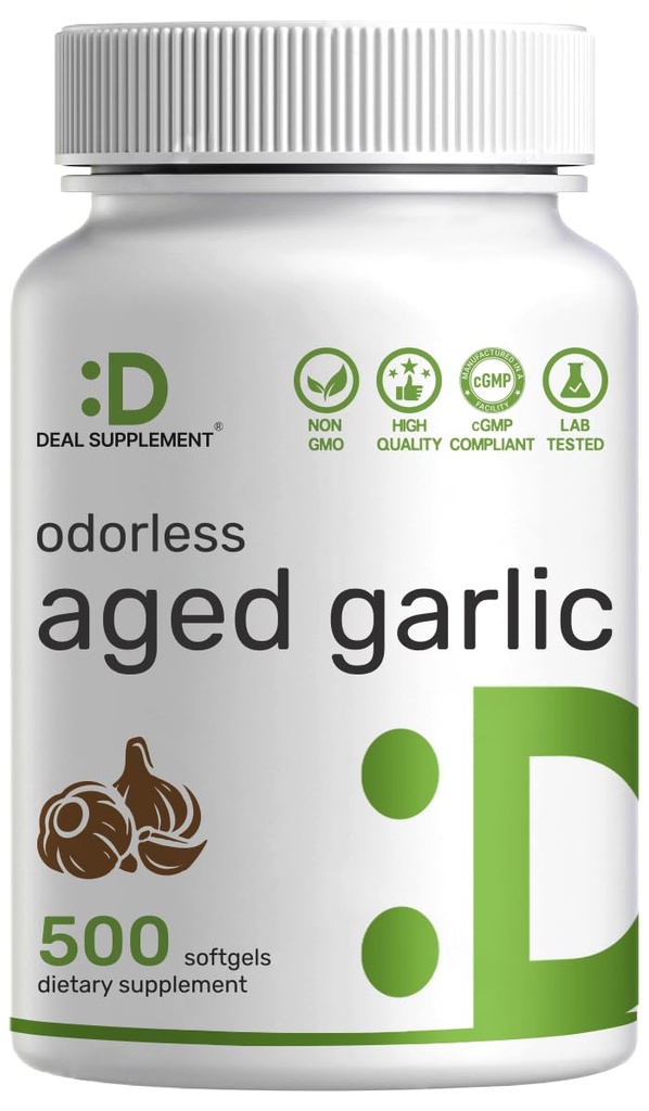 Odorless Aged Garlic, 500 Softgels – Enhanced with MCT Oil - Fresh Allium Sativum Bulb Source – 2-Years Aged Garlic Extract – Non-GMO, cGMP Manufactured