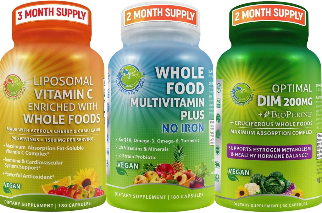 SUPPLEMENTS STUDIO Vegan Immune, Energy & Hormone Support Bundle for Men and Women – Vegan Whole Food Multivitamin Without Iron + Liposomal Vitamin C 1500mg + Optimal DIM 200mg with BioPerine®