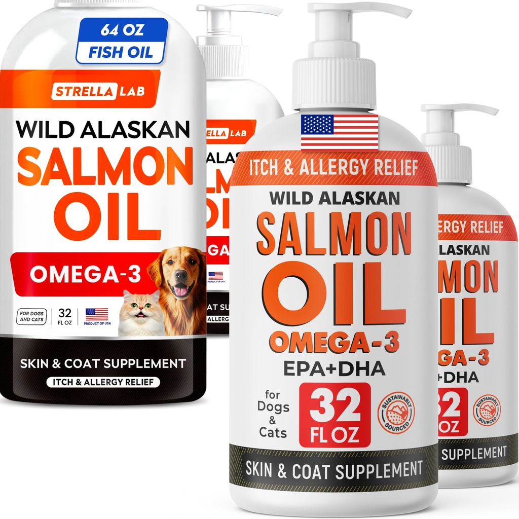 STRELLALAB Wild Alaskan Salmon Oil Bundle – Omega 3 for Skin, Coat, Itch & Shedding Relief + Hip & Joint Support – EPA & DHA Fatty Acids – 128 Fl Oz Liquid Total (4-Pack) – Made in USA