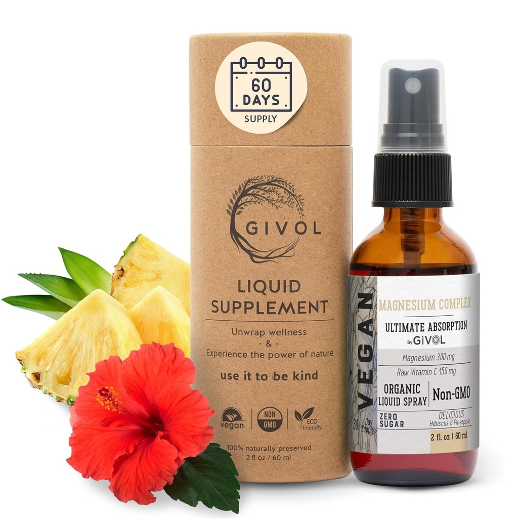 Tri Magnesium Complex - Magnesium Biglycinate, Citrate & Taurate Liquid Spray 300mg w/Raw Vitamin C for Body Decompression - Hibiscus & Pineapple Flavor, 2 Fl Oz (60 ml) - 60 Day Supply