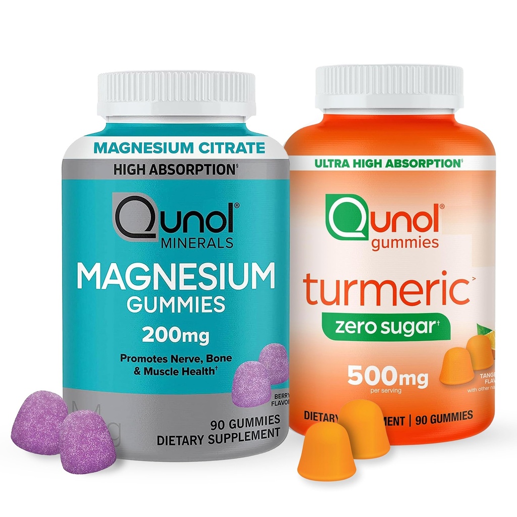 Qunol Zero Sugar Turmeric Gummies, Vegetarian, Gluten Free, 500mg + Qunol Magnesium Gummies 200mg, Vegetarian, 90 Count