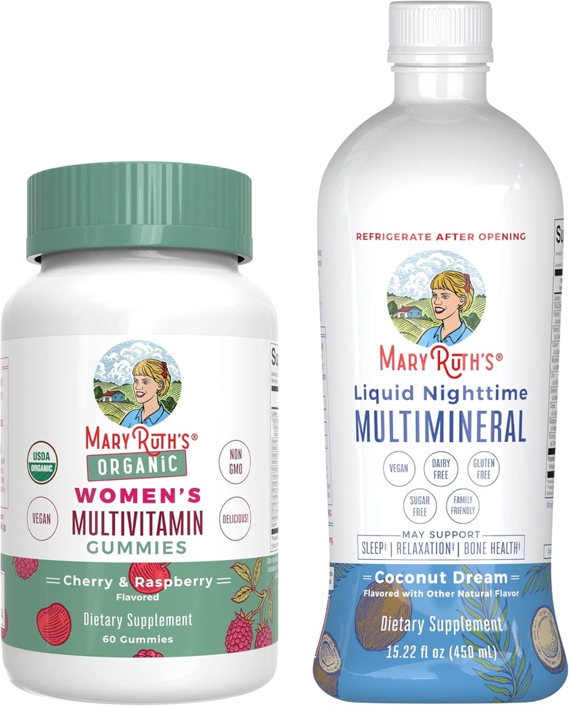 MaryRuth's Multivitamin Gummies for Women (Strawberry) & Liquid Nighttime Multimineral (Pineapple) | Clean Label Project Verified® | USDA Organic & Vegan | Beauty, Bedtime Routine, & Overall Health