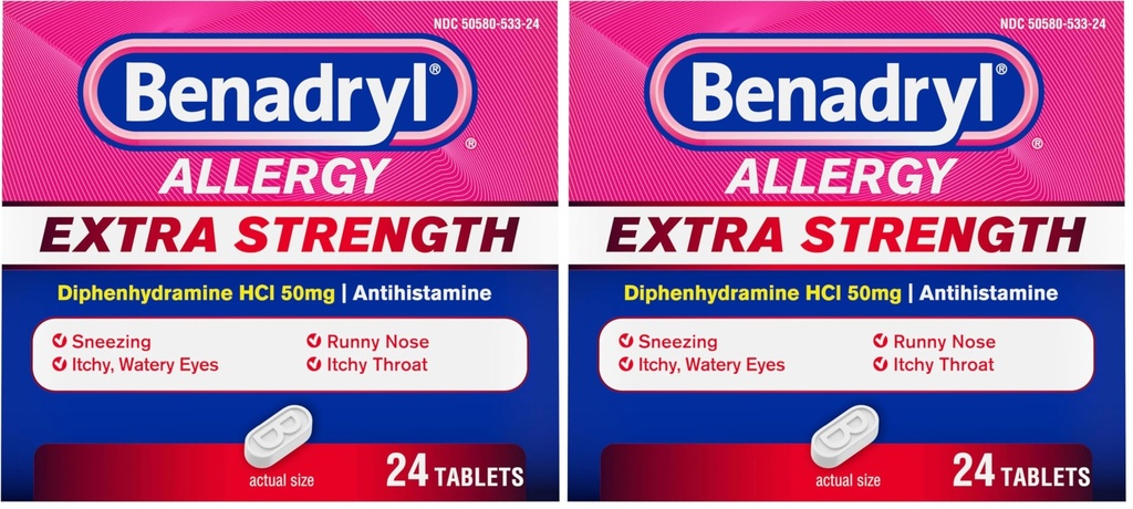 Benadryl Extra Strength Allergy Relief Medicine, 50 mg Diphenhydramine HCl Antihistamine Tablets for Relief of Allergy Symptoms Due to Hay Fever or Other Upper Respiratory Allergies, 24 ct (Pack of 2)