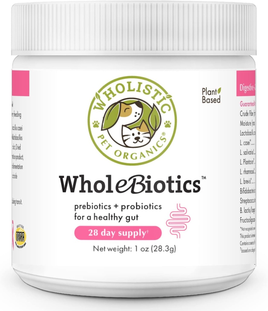 Wholistic Pet Organics WholeBiotics - Daily Dog Probiotics for Digestive Health Support & Immune Boost - 9 Strains - Prebiotics & Probiotics for Dogs & Cats - Gut Health for Dogs - 1 Oz - 28 Scoops
