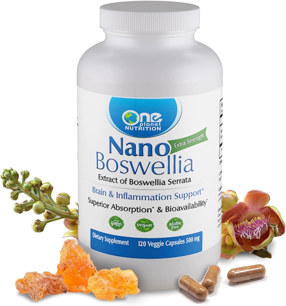 One Planet Nutrition Nano Boswellia 500 mg Veggie Capsules (120 Servings), Boswellia serrata Resin, Supports Cognitive Function for Brain Health, Non-GMO, Vegan, Gluten-Free