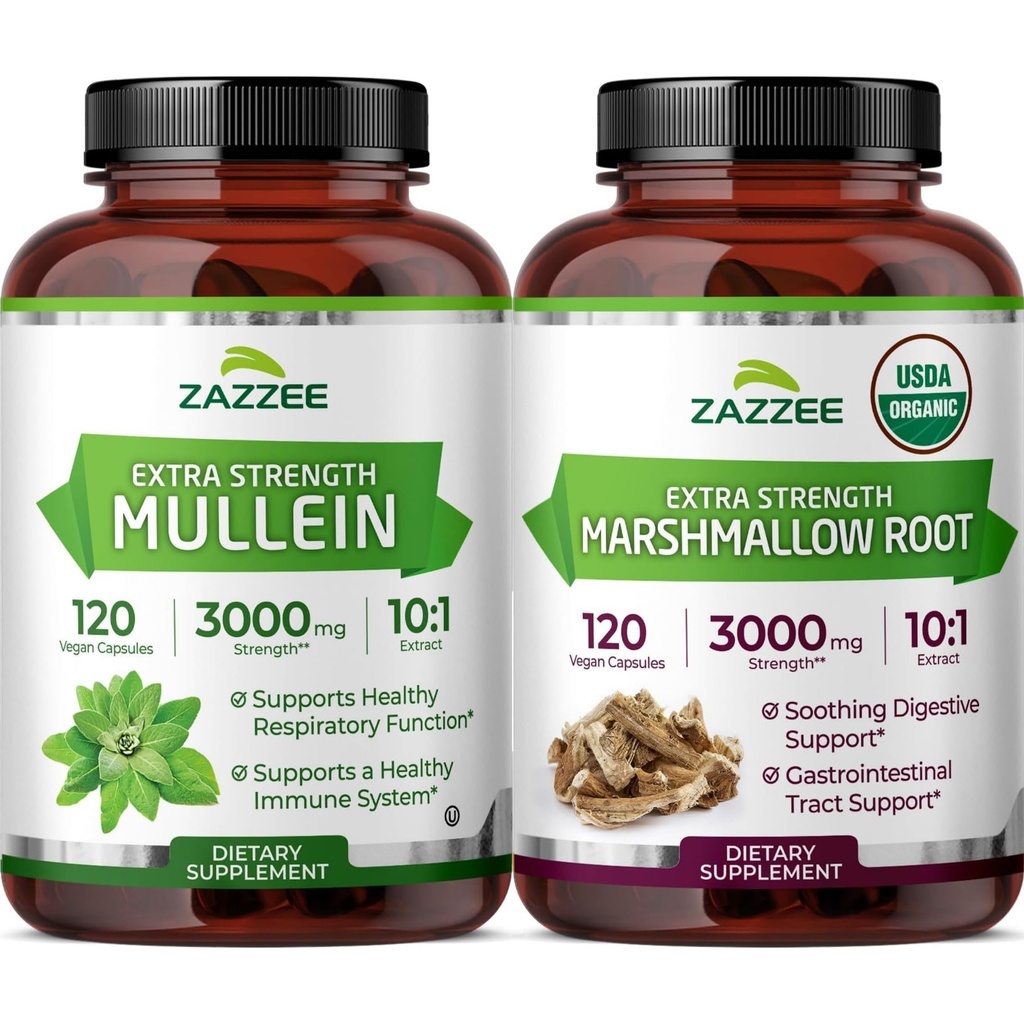 Complete Respiratory Lung Health Support Bundle | USDA Organic Marshmallow Root Capsules Plus Super Concentrated Mullein Leaf Extract | Non-GMO Vegan & ISO Lab Tested