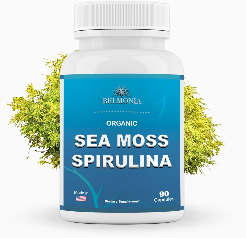 Organic Sea Moss Spirulina, 90 Capsules, Organic Sea Moss Spirulina Supplement, Immune Support, Endurance & Microingredients Source — Vegan Capsules for Men & Women