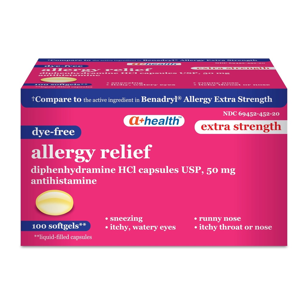 A+Health Dye-Free Extra Strength Allergy Relief Medicine, Diphenhydramine HCl 50mg Softgels, Antihistamine,100 Count