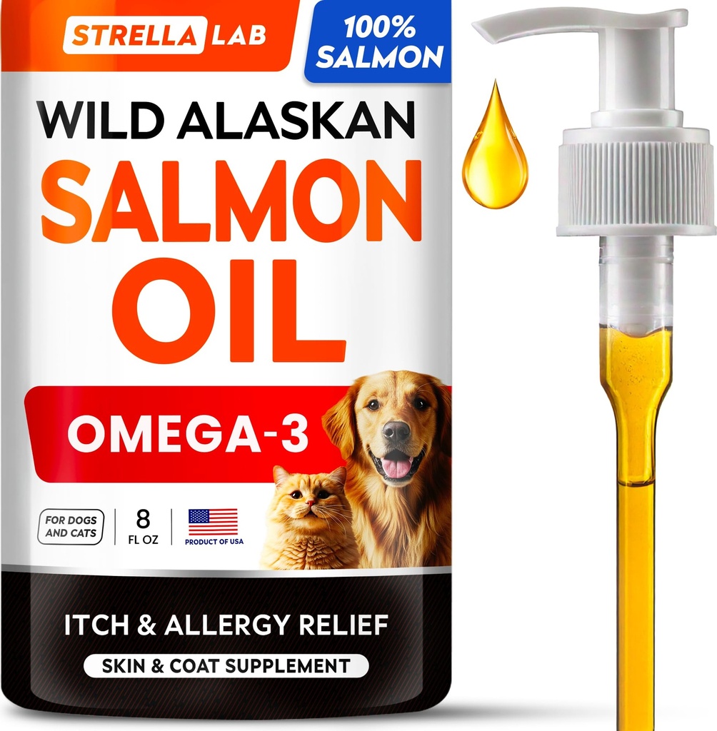 StrellaLab Wild Alaskan Salmon Oil for Dogs - Natural Omega 3 for Dogs & Cats, Itch & Allergy Relief, Skin & Coat Support - Fish Oil Liquid, EPA+DHA Fatty Acids for Hip&Joint, Immune&Heart Health 8 Oz