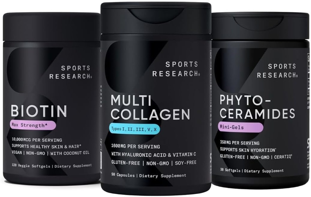 Sports Research Vegan Biotin 10,000mcg with Coconut Oil, Multi Collagen Pills (Type I, II, III, V, X) Hydrolyzed Collagen Peptides with Hyaluronic Acid + Vitamin C & Phytoceramides 350mg per Softgel