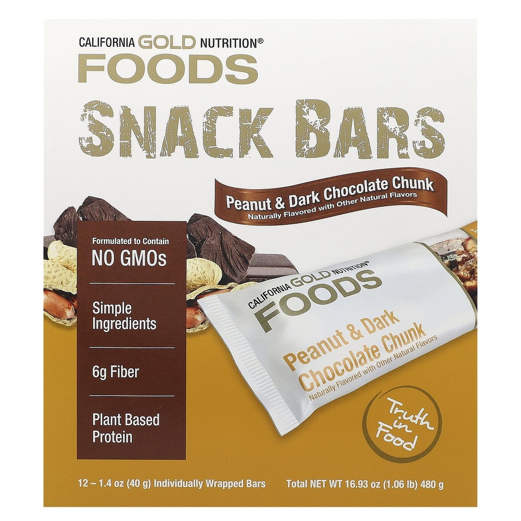 California Gold Nutrition Foods, Peanut & Dark Chocolate Chunk Bars with Dry Roasted Almonds, Chicory Root Fiber, Pea Crisps and Honey, 12 Bars, 1.4 oz (40 g) Each