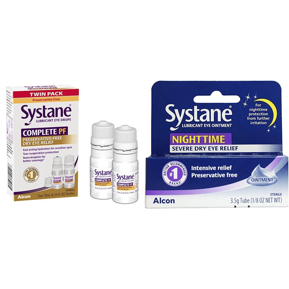 Systane COMPLETE PF Multi-Dose Preservative Free Dry Eye Drops 20ml(Pack of 2 – 10mL bottles) (Packaging may vary) and Systane Nighttime Lubricant Eye Ointment 3.5g Tube Bundle