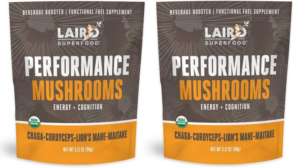 Laird Superfood Organic Performance Mushroom Blend with Chaga, Cordyceps, Lion's Mane and Maitake for Energy and Cognition, 3.17 oz. Bag, Pack of 2
