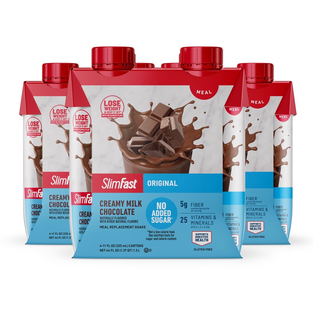 SlimFast Meal Replacement Shake, Original Creamy Milk Chocolate, No Added Sugar, Meal Replacement Shakes, 10g Ready to Drink Protein, 5g Fiber, 25 Vitamins and Minerals, 11 Fl. Oz, 12 Count
