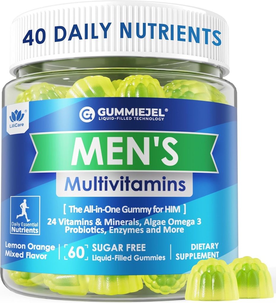 Mens Multivitamins Gummies, Multiminerals, Vegan Omega 3, CoQ10, Probiotics, Daily Mens Vitamins A C D3 E B6 B12, Methylated Multivitamin for Men - Energy, Immunity, Sugar Free, Vegan (No Iron) 60 Cts