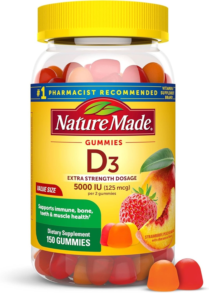Nature Made Vitamin D3 5000 IU Per Serving Gummies Extra Strength, Bone and Immune Health Support, 150 Vitamin D Gummies for Adults, 75 Day Supply