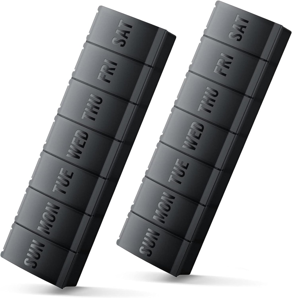 Large Pill Organizer 2 Pack, Easy-Open Weekly Pill Organizer, XL Daily Pill Organizers, 7 Day Medicine Pill Organziers, Medicine Box 7 Day for Large Vitamin Supplements (Double Black)