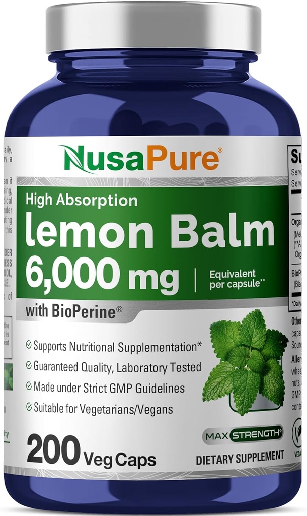 NusaPure Lemon Balm 30:1 Extract, 200 mg Equivalent to 6000mg Per Vegan Caps - 200 Count Non-GMO, Vegan Bioperine