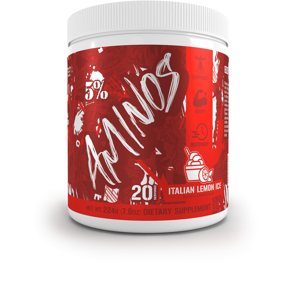 5% Nutrition Code Red Aminos BCAA & EAA Post Workout Recovery Powder | Full Spectrum Essential Amino Acid Complex for Men & Women (Italian Lemon Ice)