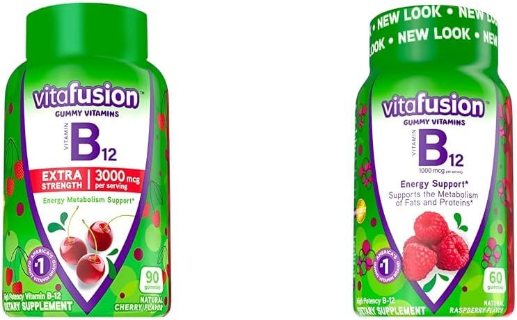Vitafusion Vitamin B12 Gummy Vitamins for Energy Metabolism Support, Cherry and Raspberry Flavored, America’s Number 1 Brand, 90 and 60 Count
