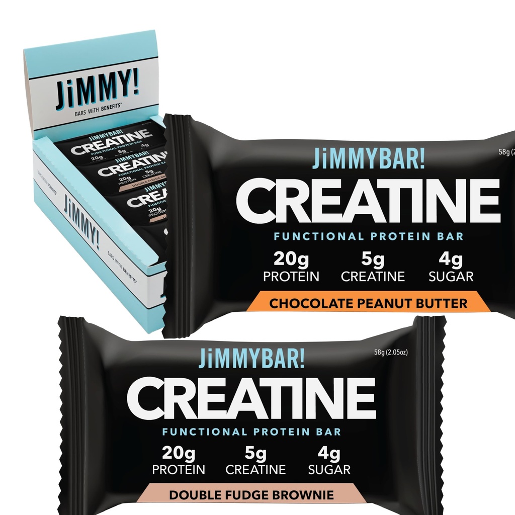 (NEW) JiMMYBAR! Creatine Protein Bar - 5g of Creatine Monohydrate + 20g Protein - High Protein Snack - Supports Muscle Growth, Strength & Recovery - Real Food Energy Bar for Athletes | 6 Chocolate Peanut Butter + 6 Fudge Brownie Variety Pack (12 Bars)