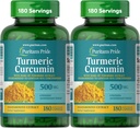 Puritan's Pride Turmeric Curcumin 500mg, Standarized to 95% Cucuminoids, Herbal Dietary Supplement for Antioxidant Health, 180 Radpid Release Capsules, Pack of 2