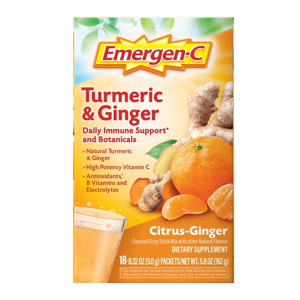 Emergen-C Citrus-Ginger Fizzy Drink Mix, Turmeric and Ginger, Immune Support, Natural Flavors with High Potency Vitamin C, 18 Count