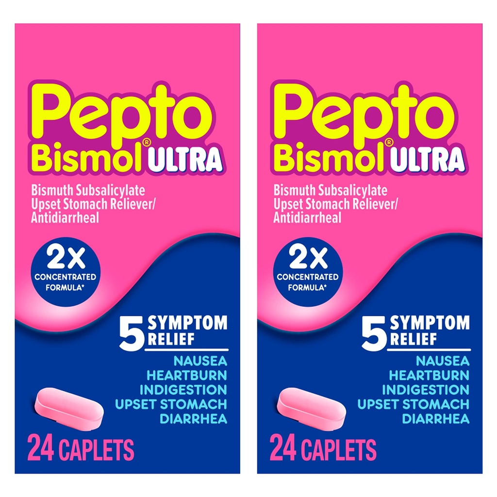 Pepto Bismol ULTRA Caplets, Upset Stomach Relief, Nausea Relief, Heartburn Relief, Indigestion Relief, Anti Diarrhea Medication for Adults - 5 Symptom Relief, 48 ct (2x24 ct)