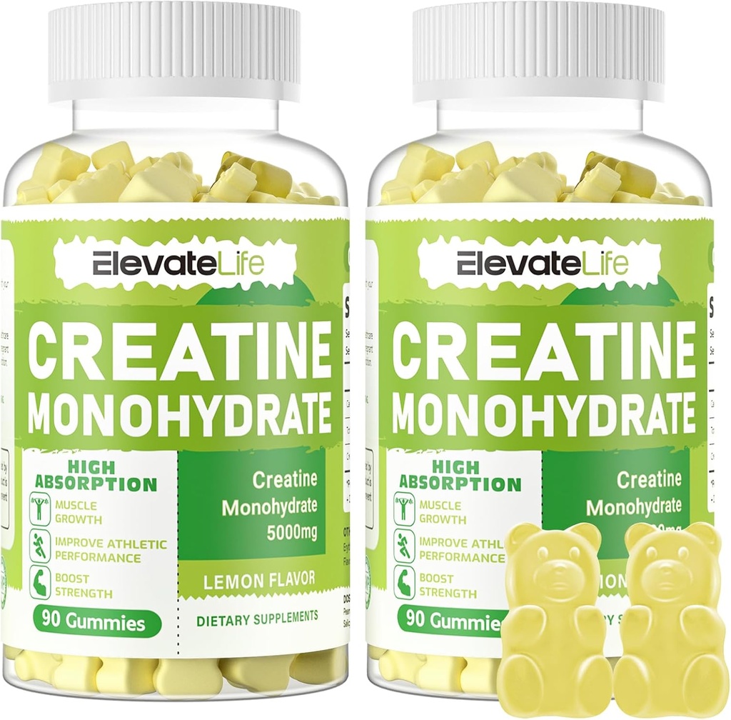 ElevateLife Creatine Monohydrate Gummies 5g for Men Women - Sugar Free Chewable Supplement. 180 Gummies Lemon