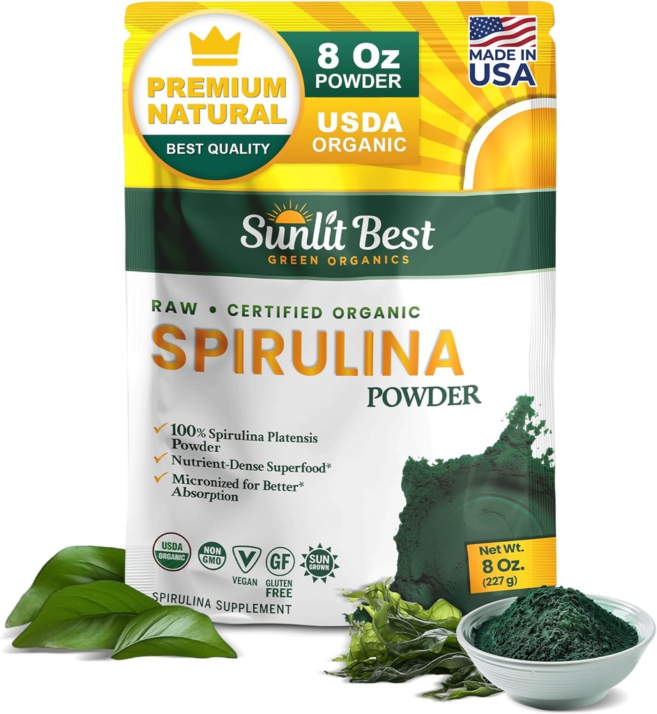 Sunlit Best Spirulina Powder Organic USDA - Chlorophyll, Fast Absorption, Blue-Green Spirulina Algae, Raw Vegan Protein - Non-GMO, Gluten Free Superfood Energy, Gut, Immune Support Supplement - 8 Oz