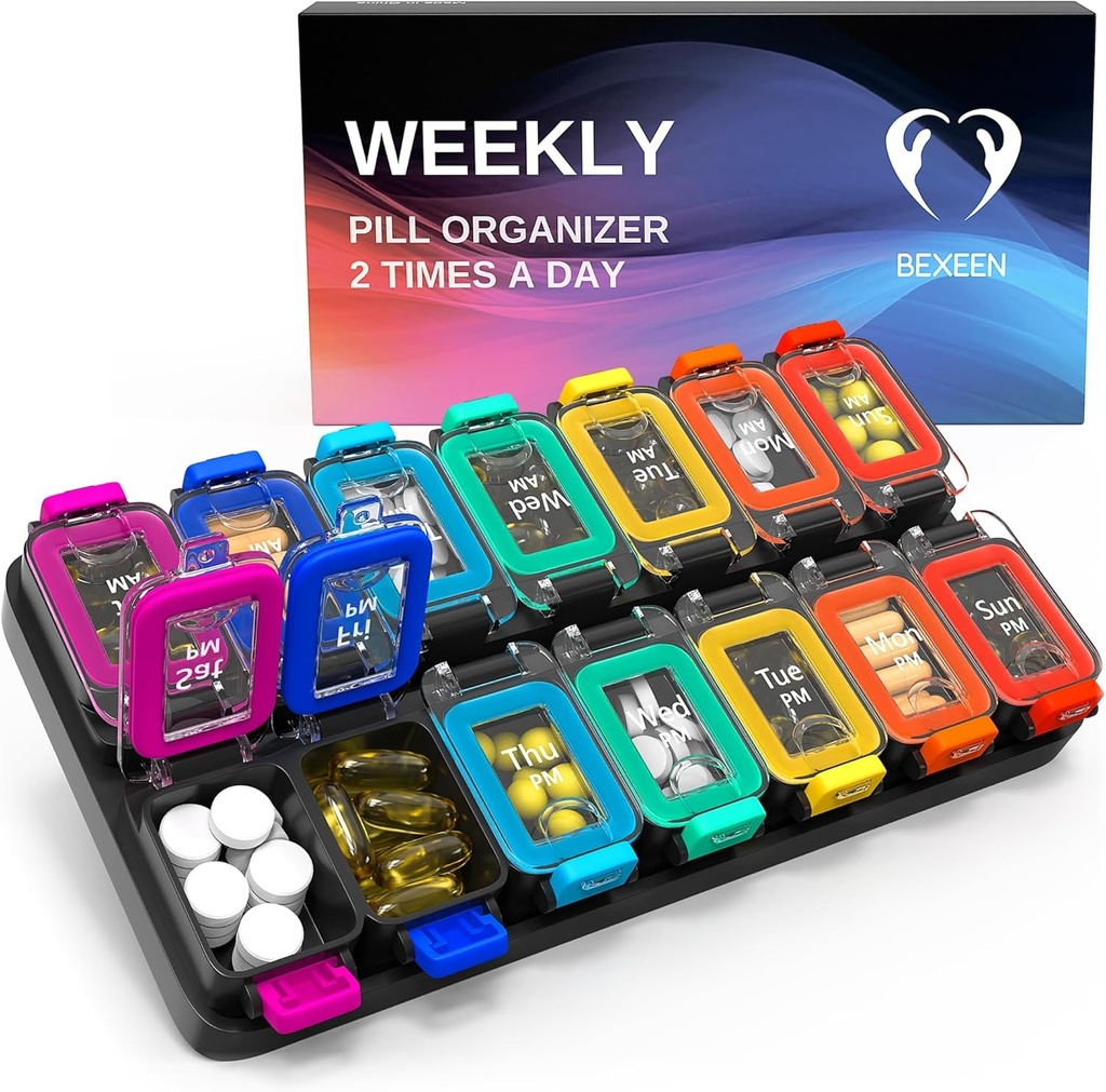 Extra Large Weekly Pill Organizer 2 Times A Day - Airtight Pill Box 7 Day - Am Pm Vitamin Case - Medicine Container Two Week Supplement Holder Daily Medication Storage XL Twice Med Sorter Cute